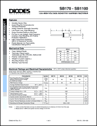 SB190 datasheet: 90V; 1.0A high voltage schottky barrier rectifier. For use in low voltage, high frequency inverters, free wheeling and polarity protection apllication SB190