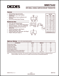 MMSTA42 datasheet: 300V; 200mA NPN small signal surface mount transistor. Ideal for medium power amplification and switching MMSTA42