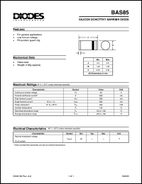 BAS85 datasheet: 30V; 200mA silicon schottky barrier diode. PN junction guard ring BAS85