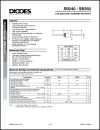 SB240 datasheet: 40V; 2.0A schottky barrier rectifier. For use in low voltage, high frequency inverters, free wheeling and polarity protection applications SB240
