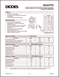 BC847PN datasheet: 50V; 200mW complementary pair small signal surface mount transistor BC847PN