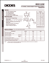 BSS123W datasheet: 100V; 170mA N-channel enchancement mode field effect transistor BSS123W