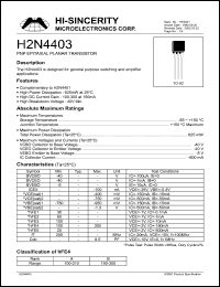 H2N4403 datasheet: 600mA PNP epitaxial planar transistor for general purpose switching and amplifier applications H2N4403