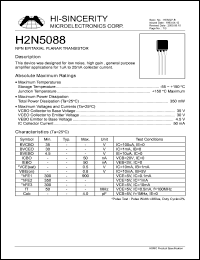 H2N5088 datasheet: 50mA NPN epitaxial planar transistor for low noise, high gain, general purpose amplifier applications H2N5088