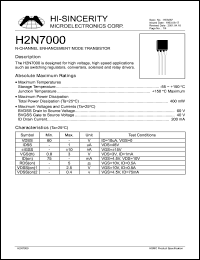 H2N7000 datasheet: 200mA N-channel enchancement mode transistor for high voltage, high speed applications such as switching regulators, converters H2N7000