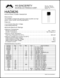 HAD826 datasheet: 6V 600mA NPN epitaxial planar transistor for general purpose amplifier and high speed, medium-power switching applications HAD826