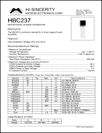 HBC237 datasheet: 5V 100mA NPN epitaxial planar transistor for in driver stage of audio amplifiers HBC237