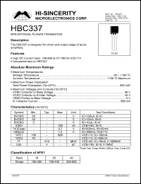 HBC337 datasheet: 5V 800mA NPN epitaxial planar transistor for driver and output-stage of audio amplifier HBC337
