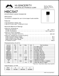 HBC547 datasheet: 6V 100mA NPN epitaxial planar transistor use in driver-stage of audio amplifier HBC547