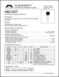 HBC557 datasheet: 5V 100mA PNP epitaxial planar transistor use in driver stage od audio amplifier  apllications HBC557