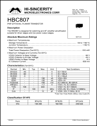 HBC807 datasheet: 5V 800mA PNP epitaxial planar transistor for switching and AF amplifier HBC807