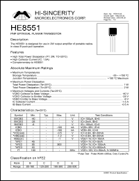 HE8551 datasheet: 40V 500mA PNP epitaxial planar transistor for use in 2W amplifier HE8551