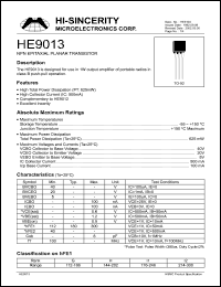 HE9013 datasheet: 40V 500mA NPN epitaxial planar transistor for use in 1W amplifier HE9013