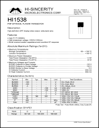 HI1538 datasheet: Emitter to base voltage:3V 200mA PNP epitaxial planar transistor HI1538
