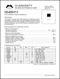 HI45H11 datasheet: Emitter to base voltage:5V 10A PNP epitaxial planar transistor for various and general purpose applications HI45H11