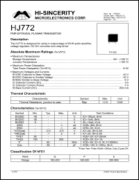 HJ772 datasheet: Emitter to base voltage:5V 3A PNP epitaxial planar transistor for using in output stage of 20W audio amplifier, voltage regulator, DC-DC converter and relay driver HJ772