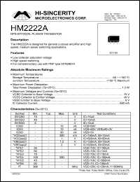 HM2222A datasheet: Emitter to base voltage:6V; NPN epitaxial planar transistor for general purpose amplifier and high speed, medium-power switching applications HM2222A