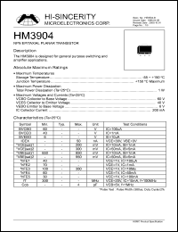 HM3904 datasheet: Emitter to base voltage:6V; NPN epitaxial planar transistor for general purpose switching and amplifier applications HM3904