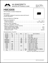 HM3906 datasheet: Emitter to base voltage:5V; PNP epitaxial planar transistor for general purpose switching and amplifier applications HM3906