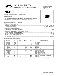 HM42 datasheet: Emitter to base voltage:6V; NPN epitaxial planar transistor for applications as a video output to drive color CRT, or a dialer circuit in electronics telephone HM42