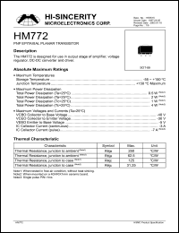 HM772 datasheet: Emitter to base voltage:5V; 3A PNP epitaxial planar transistor for use in output stage of amplifier, voltage regulator, DC-DC converter and driver HM772