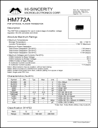 HM772A datasheet: Emitter to base voltage:5V; 3A PNP epitaxial planar transistor for use in output stage of amplifier, voltage regulator, DC-DC converter and driver HM772A