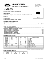HM965 datasheet: Emitter to base voltage:7V;5A NPN epitaxial planar transistor for use as AF output amplifier and glash unit HM965