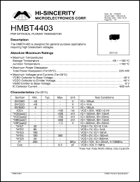 HMBT4403 datasheet: 5V 600mA PNP epitaxial planar transistor for general purpose applications requiring high breakdown voltages HMBT4403