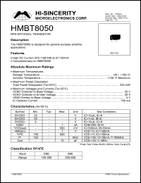 HMBT8050 datasheet: Emitter to base voltage:5V; 700mA NPN epitaxial planar transistor for general purpose amplifier apllications HMBT8050