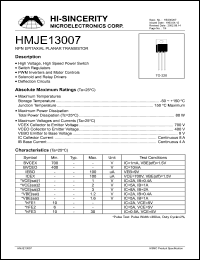 HMJE13007 datasheet: Emitter to base voltage:9V; 8A NPN epitaxial planar transistor HMJE13007