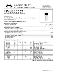 HMJE3055T datasheet: Emitter to base voltage:5V; 10A PNP epitaxial planar transistor for general purpose of amplifier and switching applications HMJE3055T