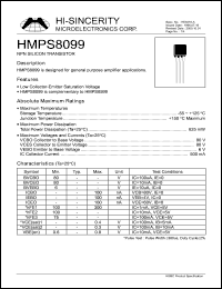 HMPS8099 datasheet: Emitter to base voltage:6V 500mA NPN silicon transistor for general amplifier applications HMPS8099