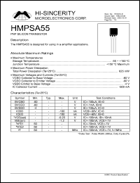 HMPSA55 datasheet: Emitter to base voltage:4V 500mA PNP silicon transistor for using in a amplifier applications HMPSA55