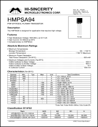 HMPSA94 datasheet: Emitter to base voltage:6V 500mA PNP epitaxial planar transistor for application that requires high voltage HMPSA94