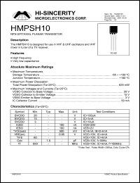 HMPSH10 datasheet: Emitter to base voltage:3V 50mA NPN epitaxial planar transistor for use in VHF & UHF oscillators and VHF mixer in tuner of a TV receiver HMPSH10