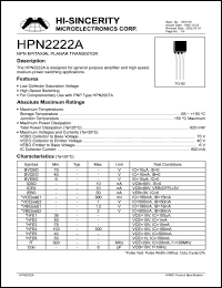 HPN2222A datasheet: Emitter to base voltage:6V 600mA NPN epitaxial planar transistor for general purpose amplifier and high speed, medium-power switching applications HPN2222A