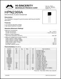 HPN2369A datasheet: Emitter to base voltage:4.5V 200mA NPN epitaxial planar transistor for general purpose switching and amplifier applications HPN2369A