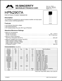 HPN2907A datasheet: Emitter to base voltage:5V 600mA PNP epitaxial planar transistor for general purpose amplifier and high speed, medium power switching applications HPN2907A