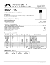 HSA1015 datasheet: Emitter to base voltage:5V 150mA PNP epitaxial planar transistor for use in driver stage of AF amplifier and general purpose amplification HSA1015