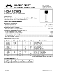 HSA1538S datasheet: Emitter to base voltage:3V 200mA PNP epitaxial planar transistor for use in high-definition CRT display video output, wide-band amplifier applications HSA1538S