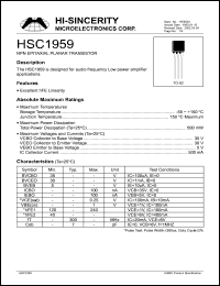 HSC1959 datasheet: Emitter to base voltage:5V 500mA NPN epitaxial planar transistor for audio frequency low power amplifier applications HSC1959