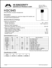 HSC945 datasheet: Emitter to base voltage:5V 100mA NPN epitaxial planar transistor for using driver stage of AP amplifier and low speed switching applications HSC945