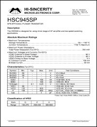 HSC945SP datasheet: Emitter to base voltage:5V 100mA NPN epitaxial planar transistor for using driver stage of AF amplifier and low speed switching applications HSC945SP