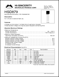 HSD879 datasheet: Emitter to base voltage:5V 1.5A silicon NPN epitaxial planar transistor HSD879