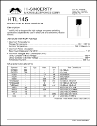 HTL145 datasheet: 500V 300mA NPN epiataxial planar transistor for high voltage low power switching applications HTL145