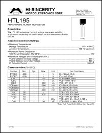 HTL195 datasheet: 500V 300mA PNP epiataxial planar transistor for high voltage low power switching applications HTL195