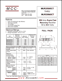 MUR20020CT datasheet: 200A, 200V ultra fast recovery rectifier MUR20020CT