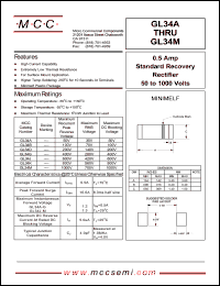 GL34M datasheet: 0.5A, 1000V ultra fast recovery rectifier GL34M