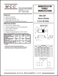 MMSZ5221B datasheet: Pd=500mW, Vz=2.4V zener diode MMSZ5221B
