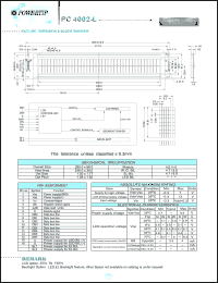 PC4002-L datasheet: 2 lines; 40 characters; dot size:1.00 x 1.77; dot pitch:1.05 x 1.82; LCD monitor PC4002-L
